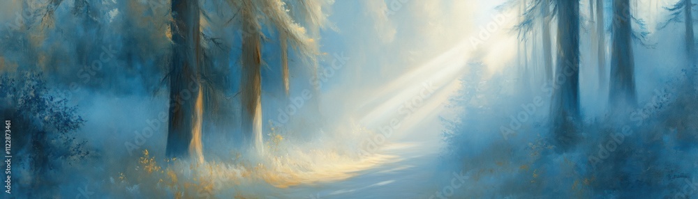 Poster a serene forest scene with soft light filtering through trees, creating a tranquil atmosphere.