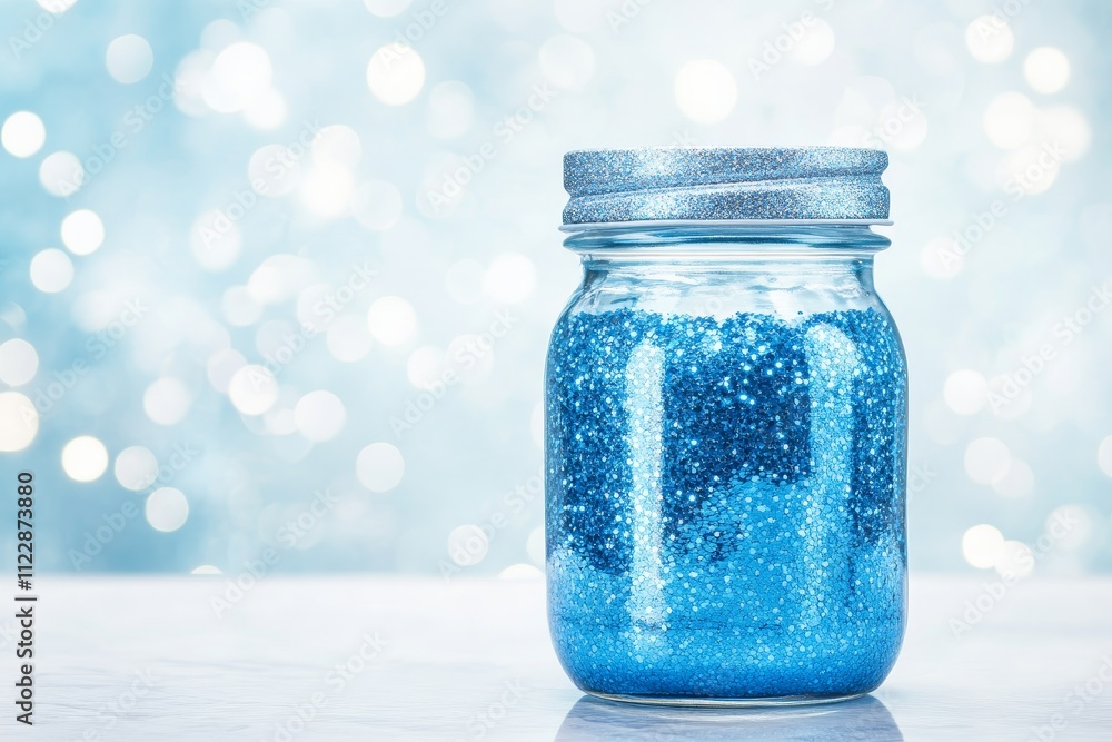 Aufkleber sparkling blue glitter jar on a soft bokeh background creating a dreamy and magical atmosphere for c