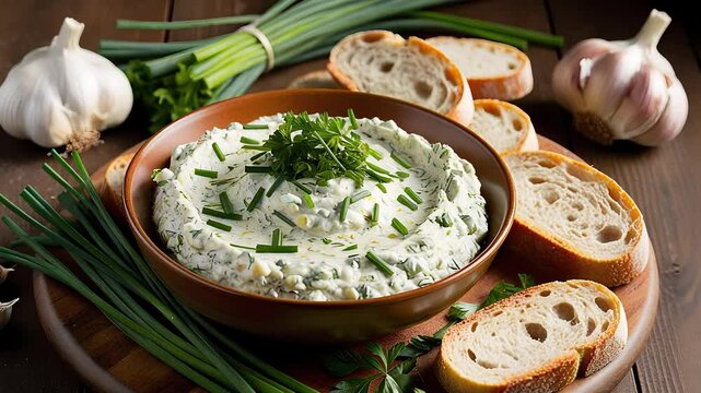 Fresh Creamy Garlic Chive Dip with Artisan Bread Slices and Green Garnish on a Rustic Wooden Table

