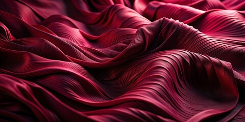 Fototapeta premium Dark Red Silk Fabric in Luxurious Pleated Burgundy Chiffon Dress with Delicate Crimson Tissue Texture and 3D Abstract Waves on a Rich Ruby Rose Background