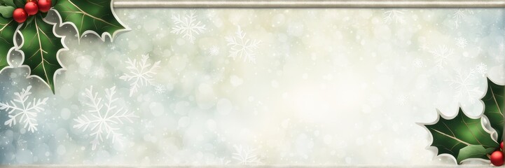 A Christmas desktop banner with lots of white space for photos, holly and mistletoe flowers in the corners. Background with Christmas lights and falling snowflakes.