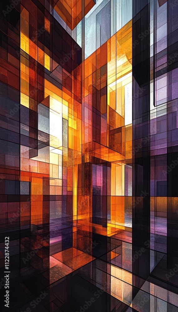 Aufkleber abstract geometric composition with vibrant colors and layered structures.