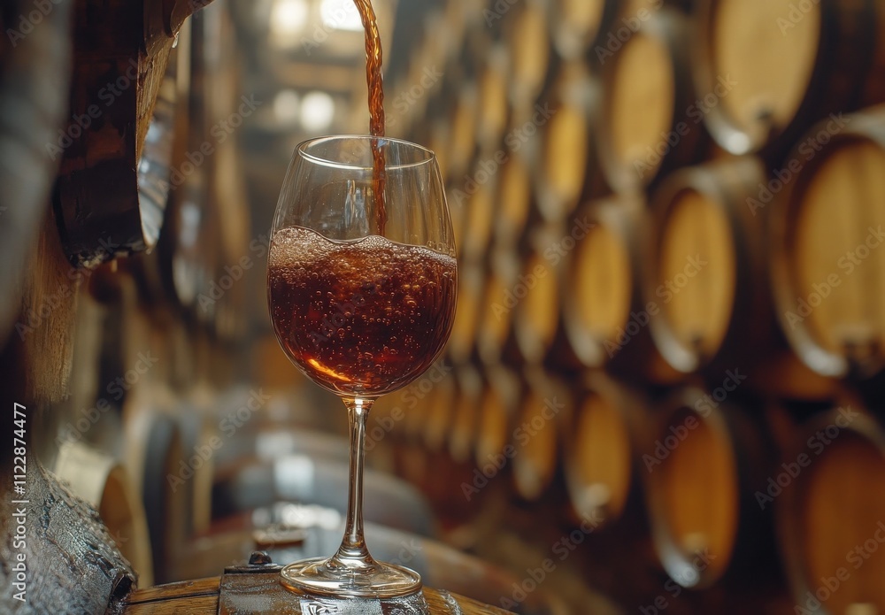 Poster glass of rich red wine being poured from barrel in rustic winery with wooden casks in background cre