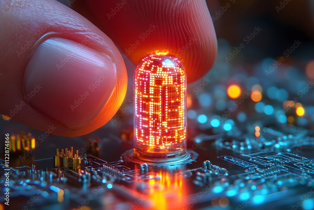 Poster a close-up of a glowing electronic component being placed on a circuit board.