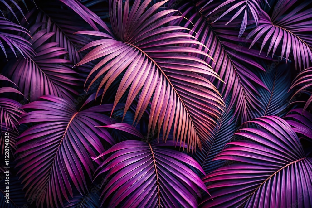 Poster deep dark purple colored palm leaves pattern with creative layout and toned image filter effect capt