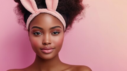 Portrait of a black woman with bunny ear headband against a pink background
