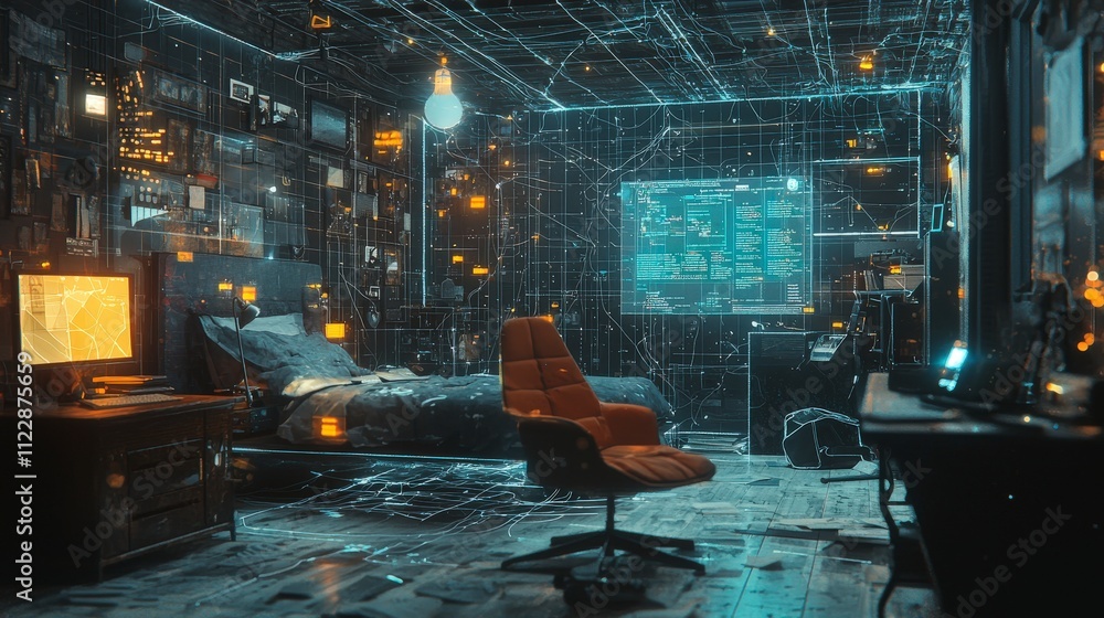 Aufkleber Security breach visualization in a digital workspace modern bedroom 3d render cyber environment close-up view privacy risks