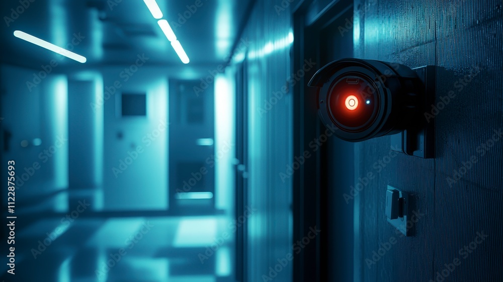 Poster Security camera monitoring breach risks in dimly lit hallway realistic image of safeguards and vulnerabilities