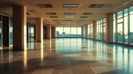 Naklejka premium Empty modern office with large windows offering panoramic city view.