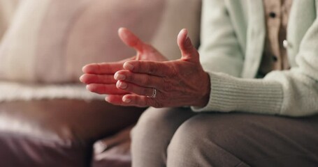 Therapy, patient and hands in consultation for mental health, discussion and recovery support for anxiety. Psychology, person and gesture movement in counseling for share trauma, progress and healing