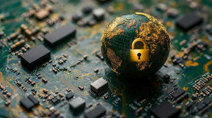 Earth globe with a digital padlock symbolizing global cybersecurity and data protection over a glowing circuit board background representing secure technology and information connectivity
