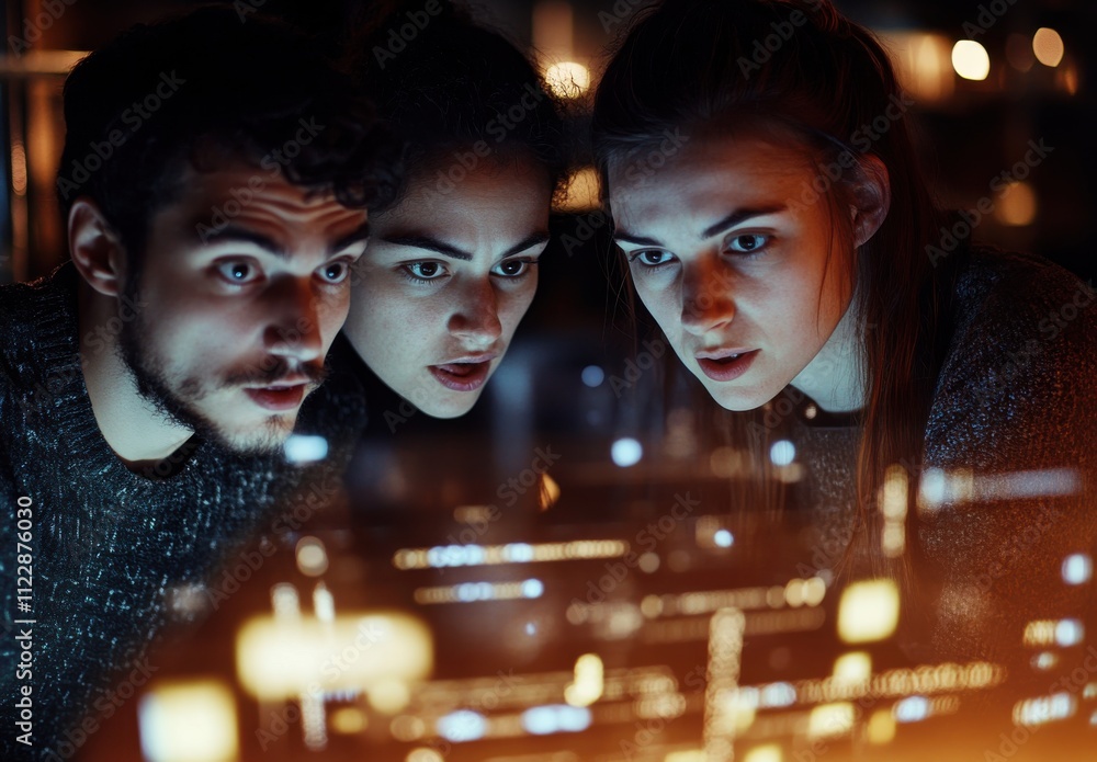 Poster group of three young adults focused on futuristic digital interface illuminated by soft light while 