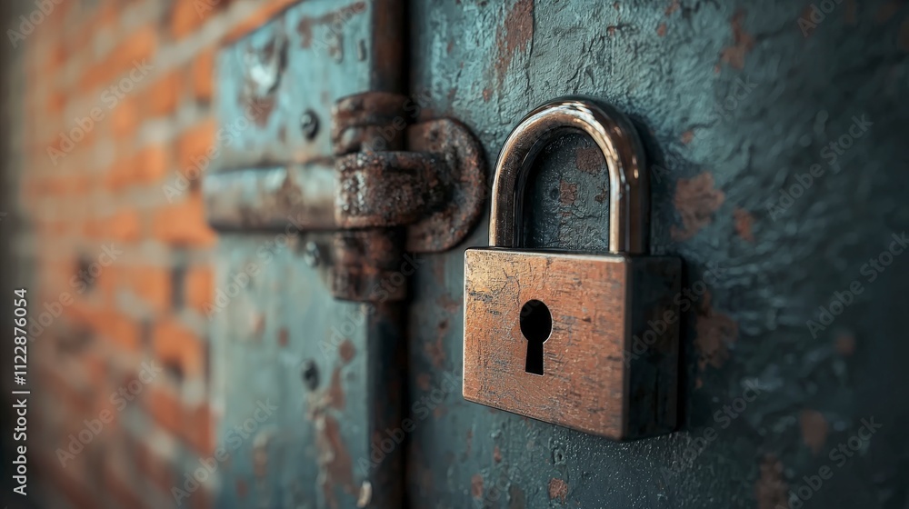 Poster Security risks in data privacy urban environment realistic image close-up view lock concept for awareness and safety