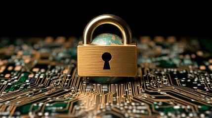 Earth globe with a digital padlock symbolizing global cybersecurity and data protection over a glowing circuit board background representing secure technology and information connectivity