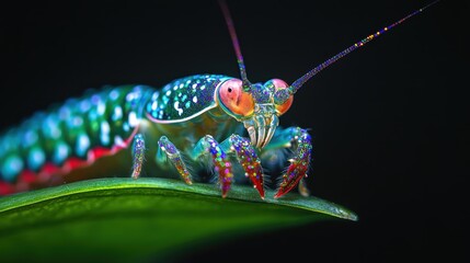 Naklejka premium Colorful Macro Shot of a Vibrant, Iridescent Insect on Leaf
