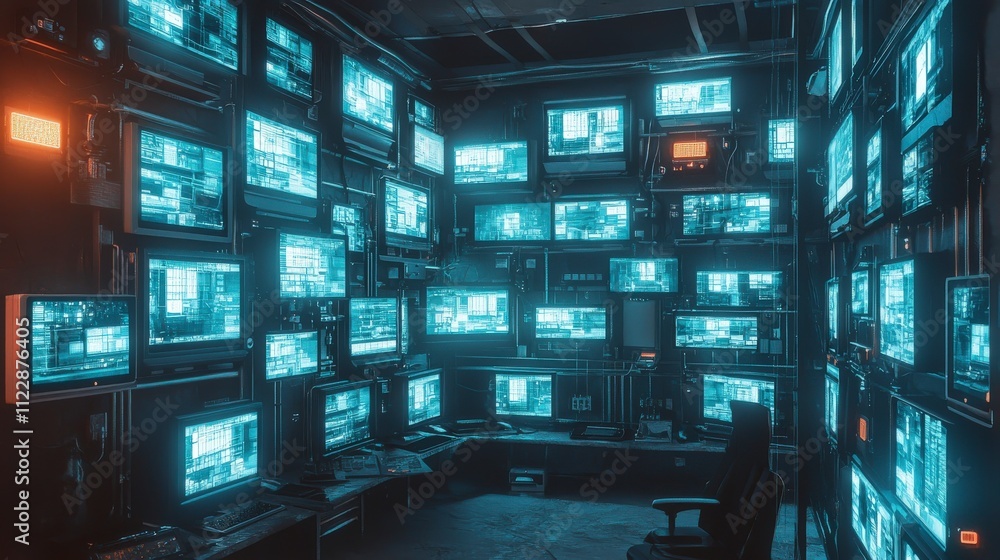 Poster Surveillance technology security room digital monitoring high-tech environment wide angle view security risks management