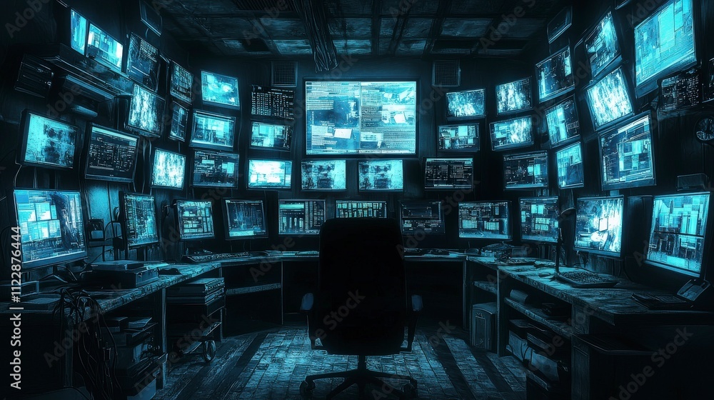 Aufkleber surveillance operation for cybersecurity risks in high-tech control room with dark atmosphere