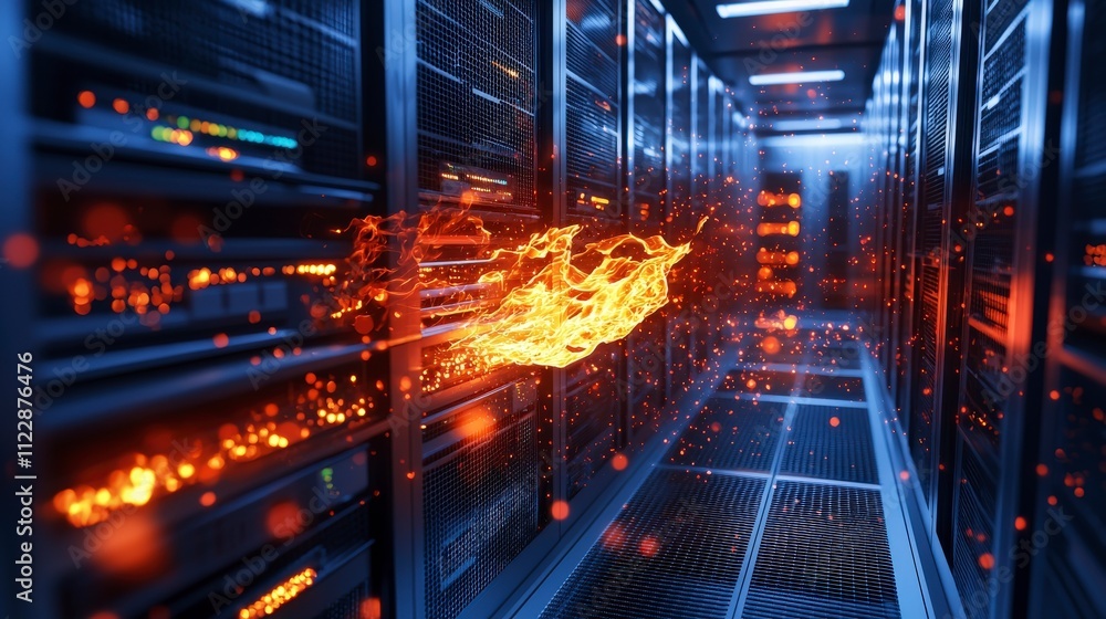 Fototapete Cybersecurity threats and firewalls in data centersrealistic image of security risks and protection measures