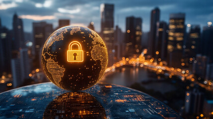 Earth globe with a digital padlock symbolizing global cybersecurity and data protection over a glowing circuit board background representing secure technology and information connectivity