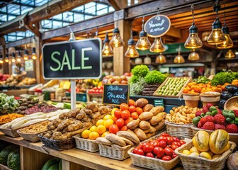 Obraz premium Delicious Food Photography Featuring a Button with the Word 'Sale' in a Vibrant Market Setting with Fresh Produce and Eye-Catching Colors to Attract Customers