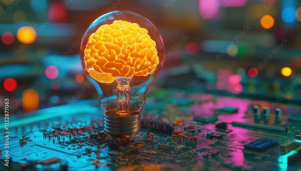 Poster illuminated brain concept with light bulb on circuit board reflecting innovation, creativity, and te