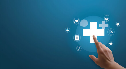 Obraz premium Hand Choosing Healthcare Medical Icon on Blue Background for Health Insurance Concept, copy space. blue background, health welfare, copy space healthcare, medical copy space background