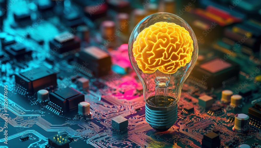 Poster innovative concept of artificial intelligence with light bulb containing brain design surrounded by 