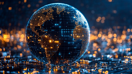 Earth globe with a digital padlock symbolizing global cybersecurity and data protection over a glowing circuit board background representing secure technology and information connectivity