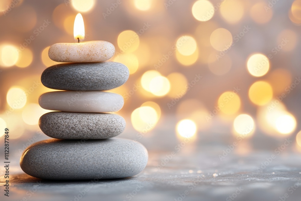 Poster tranquil balance of pebbles with a flickering candle amidst a soft background of warm bokeh lights c