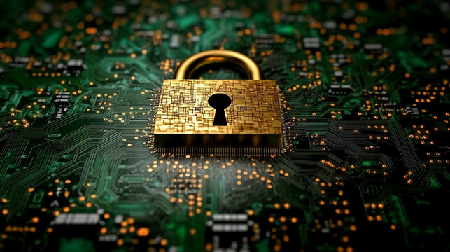 Earth globe with a digital padlock symbolizing global cybersecurity and data protection over a glowing circuit board background representing secure technology and information connectivity