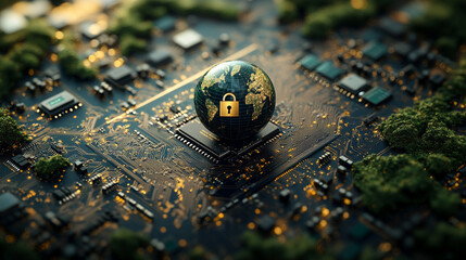 Earth globe with a digital padlock symbolizing global cybersecurity and data protection over a glowing circuit board background representing secure technology and information connectivity