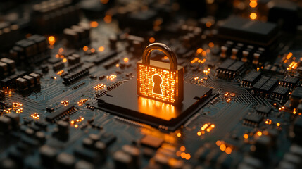 Earth globe with a digital padlock symbolizing global cybersecurity and data protection over a glowing circuit board background representing secure technology and information connectivity