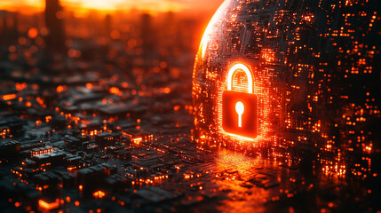 Earth globe with a digital padlock symbolizing global cybersecurity and data protection over a glowing circuit board background representing secure technology and information connectivity
