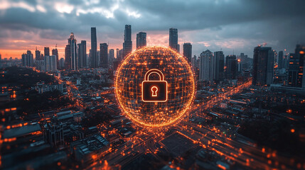 Earth globe with a digital padlock symbolizing global cybersecurity and data protection over a glowing circuit board background representing secure technology and information connectivity