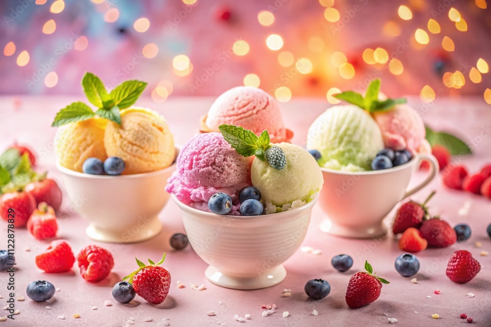 Poster delightful assortment of colorful ice cream scoops in cups surrounded by fresh berries on a soft pin