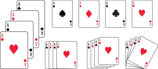 Playing cards icon set silhouette and editable red and black color flat or line vector isolated on transparent background. Spade ace suit A hearts playing card symbol. Poker card game sign pictogram.