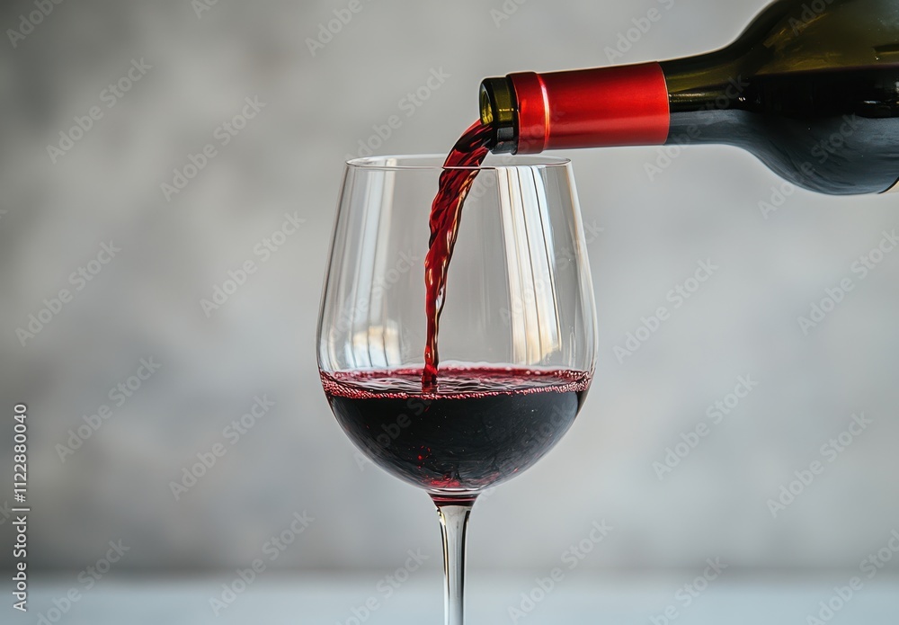 Poster pouring red wine into a glass with a soft focus background, capturing the rich color and texture of 