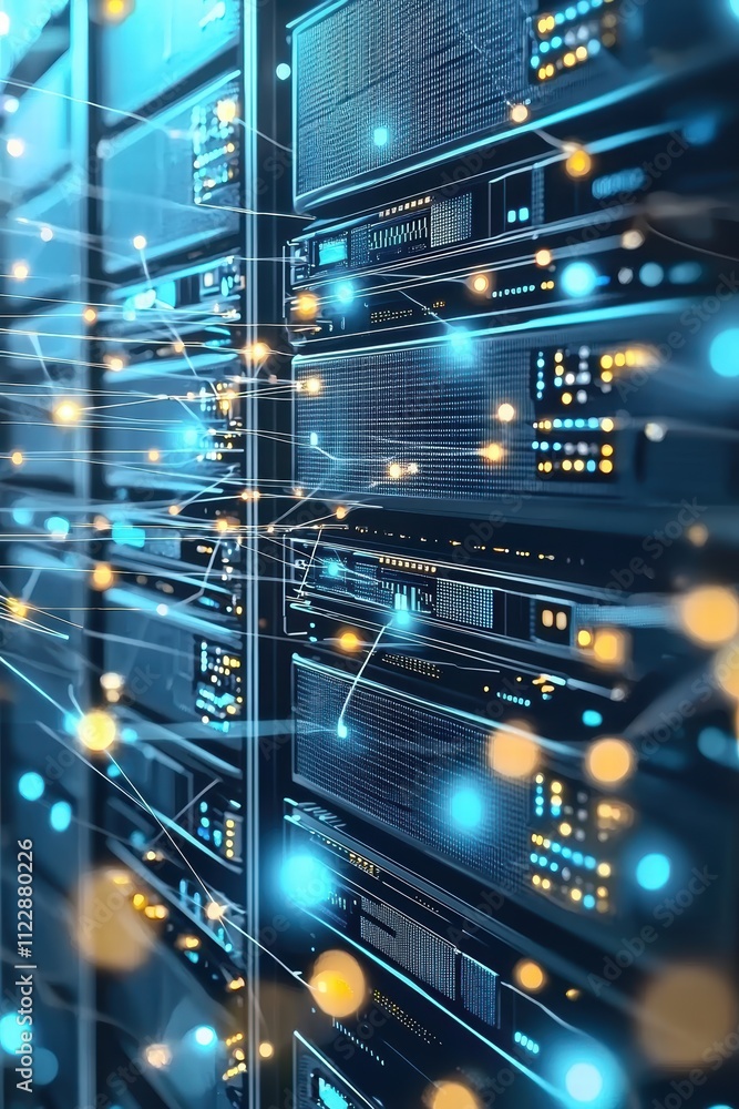 Poster high-tech data center with server racks and digital connections