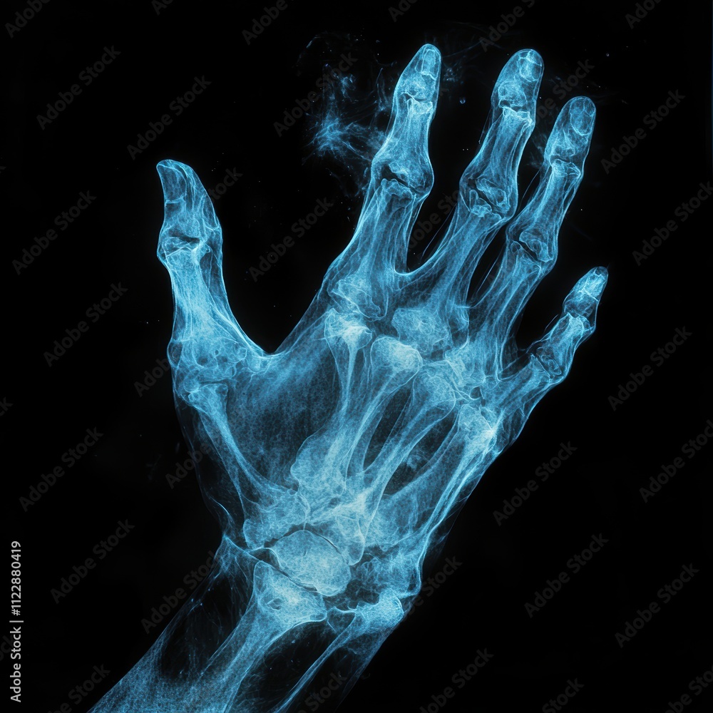 Poster x-ray image of a human hand with visible bone structure and joints