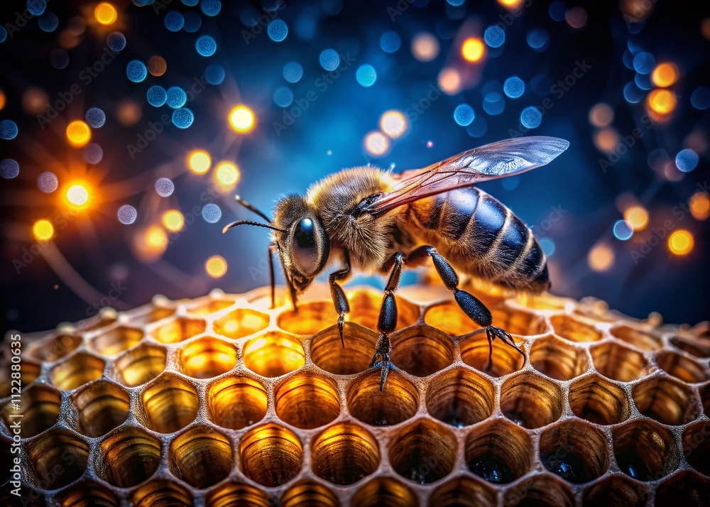 Poster detailed close-up of a single honeybee on honeycomb at night, highlighting the intricate patterns an