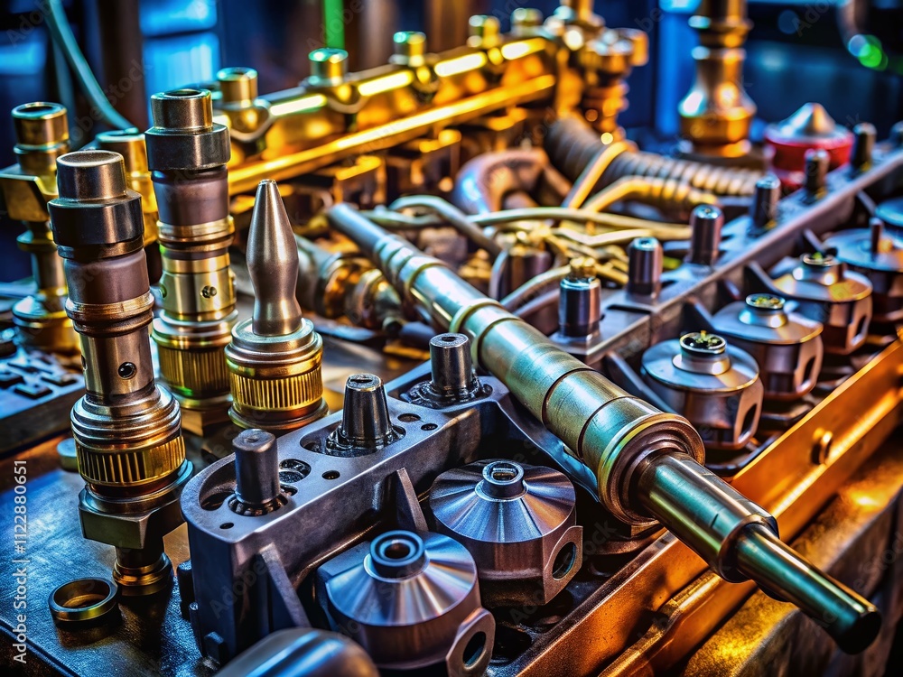 Poster detailed close-up of diesel engine maintenance highlighting injectors and camshaft components with t