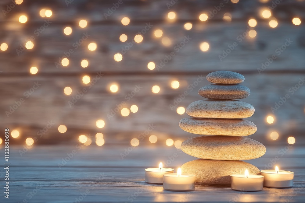 Poster Tranquil Zen Stones with Glowing Candles Against a Soft Bokeh Background for Relaxation and Mindfulness Practices in a Serene Environment