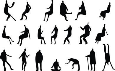 Vector, isolated silhouette of sitting standing people, adult man, girl and children