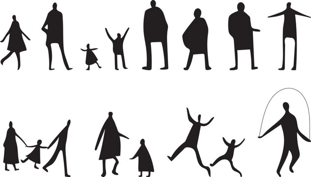 Vector, isolated silhouette of sitting standing people, adult man, girl and children