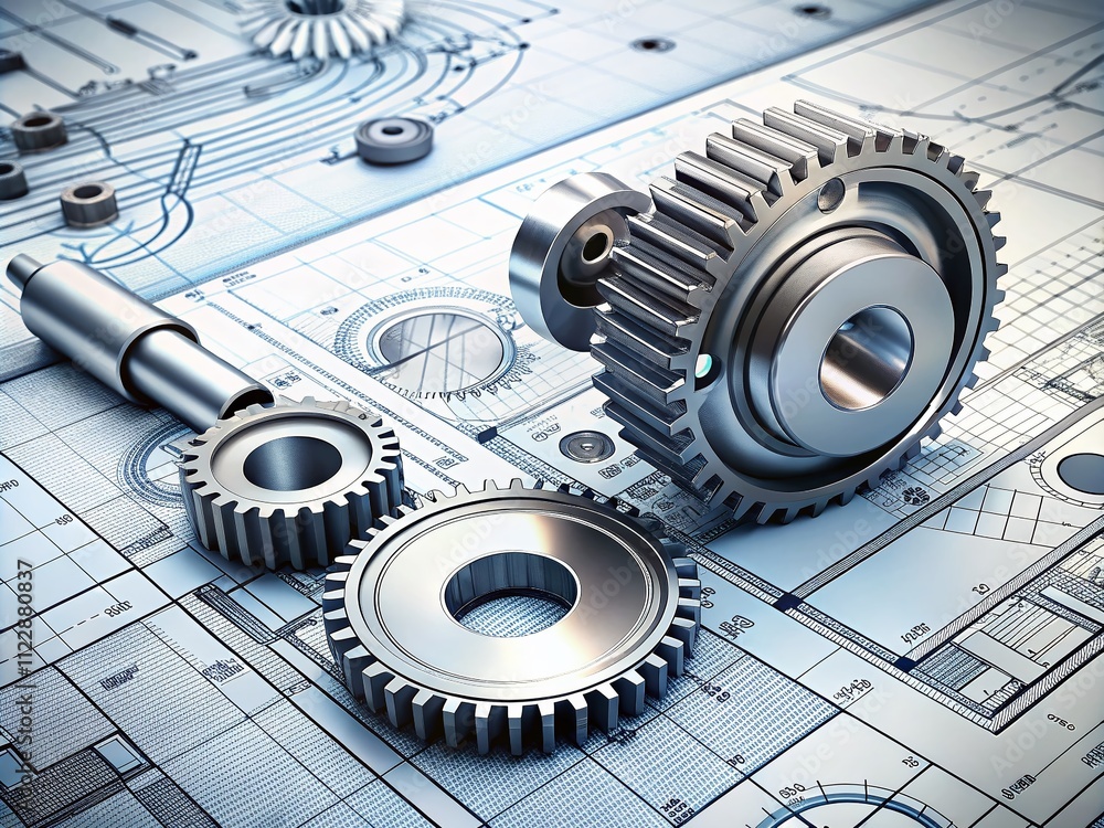 Poster detailed engineering drawing of steel mechanical parts with left positioning and ample copy space fo
