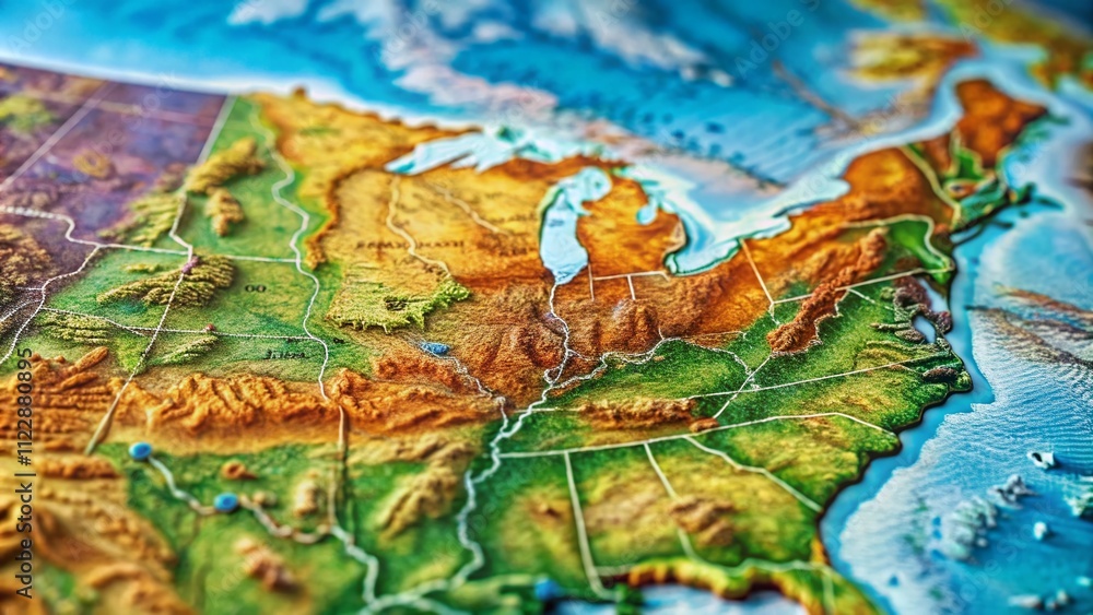 Poster detailed high depth of field image of the united states geo map featuring vibrant colors and topogra
