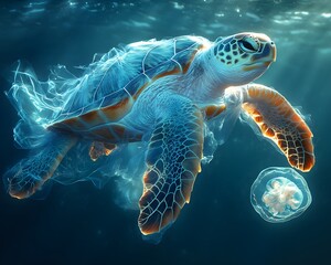 Fototapeta premium Sea turtles entangled in plastic bags floating next to plastic bags in water are heartbreaking and raise awareness about marine pollution, perfect for use in environmental or conservation campaigns.