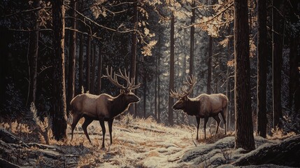 Fototapeta premium Majestic Elk in Tranquil Forest Scene with Soft Morning Light