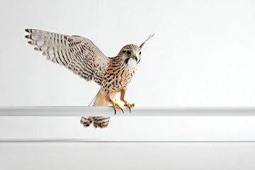 A kestrel holding on to a white flat rod white background white floor
