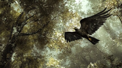 Majestic Hawk Soaring Through Lush Forest Canopy Under Soft Light